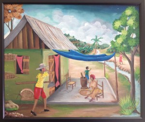Painting of rural Haitian woman using mobile phone